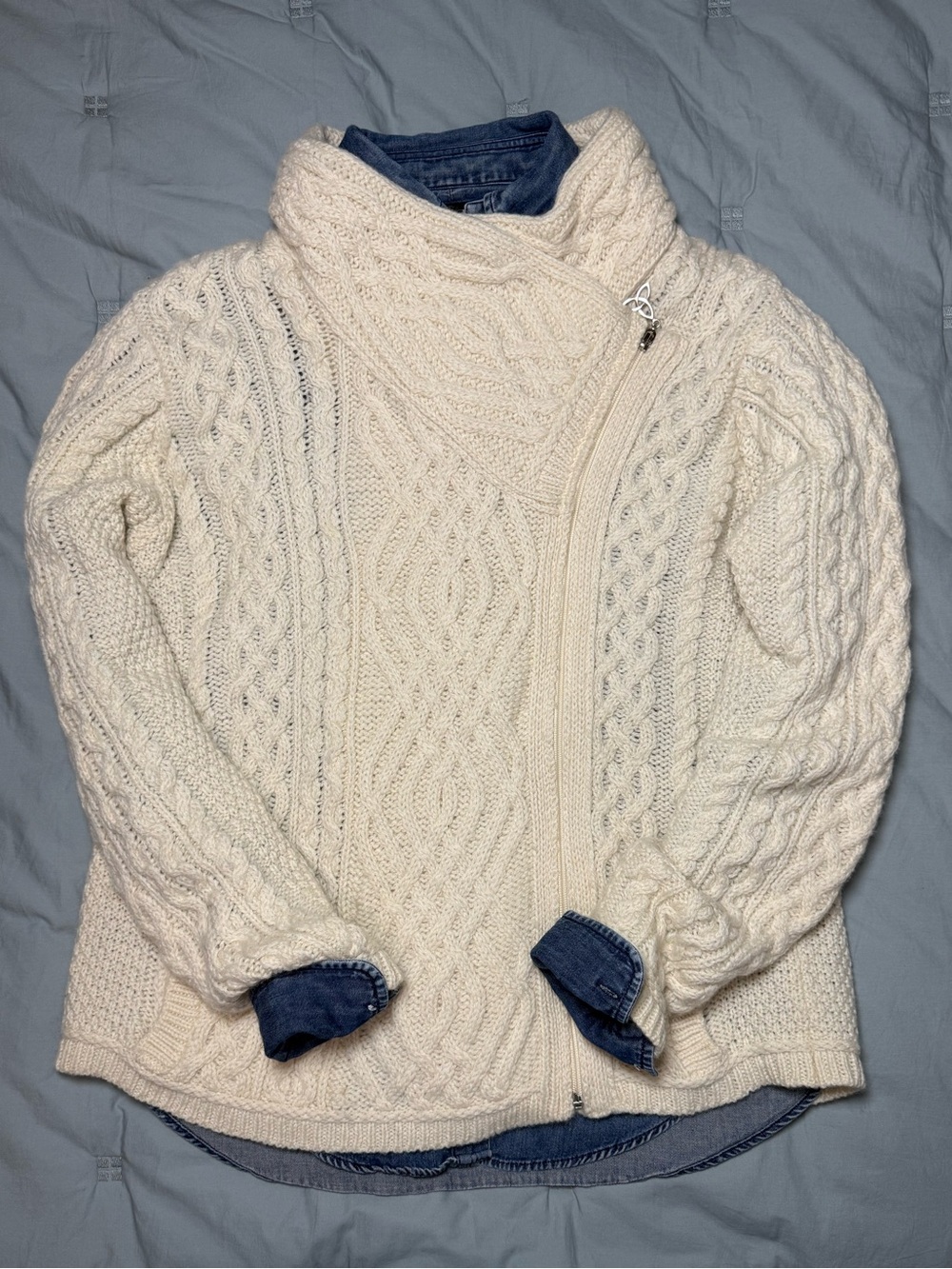 Aran Crafts Cream Cable-Knit Asymmetrical Zip Sweater